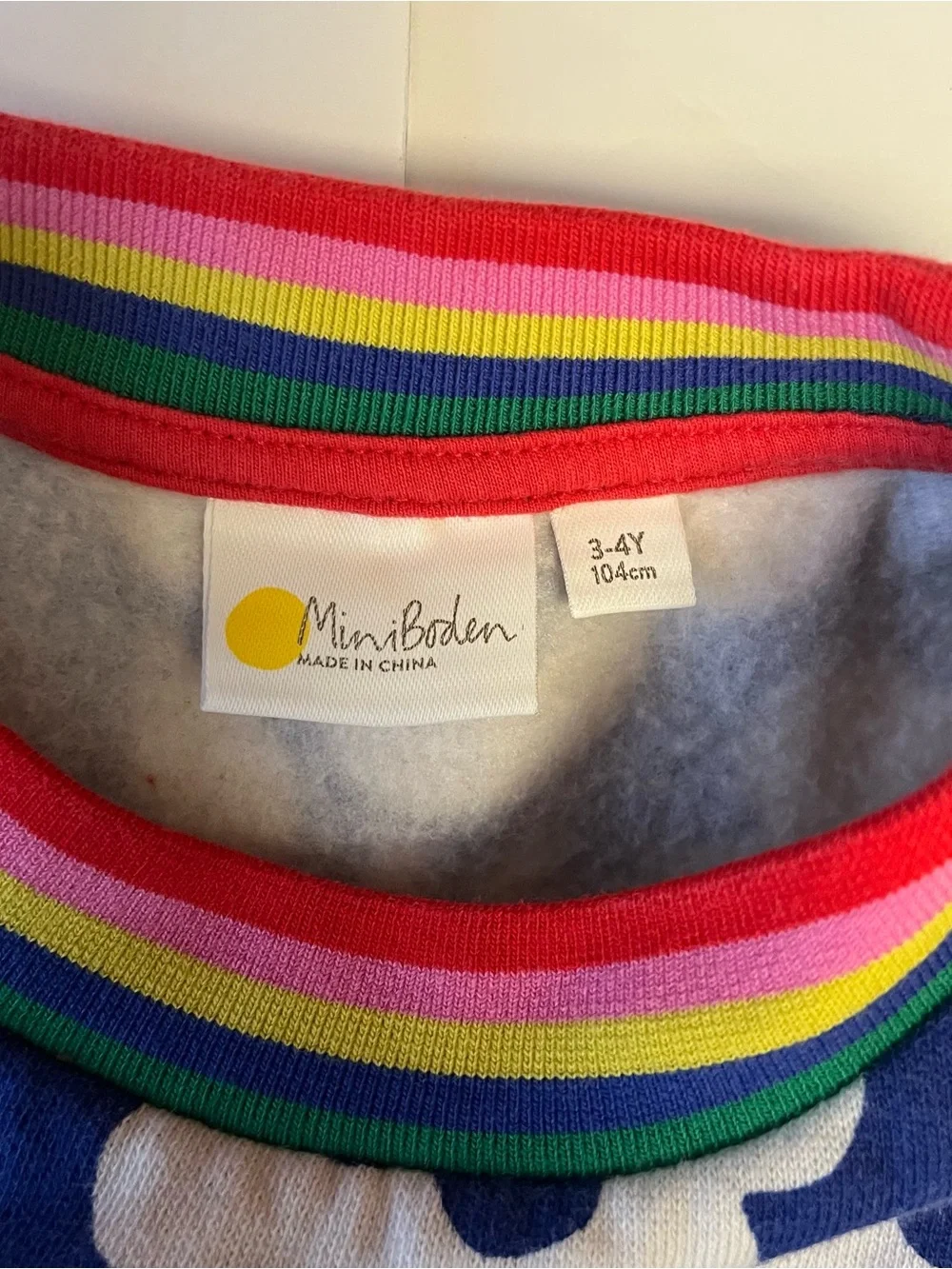 Mini Boden Girls Dress 3-4Y Fit & Flare Blue White Floral Rainbow Trim